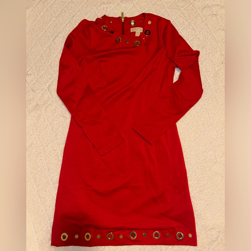 Michael Kors Red Long Sleeve Dress with Gold Accents